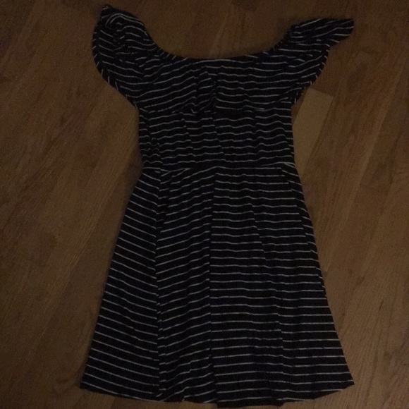 off the shoulder black and white striped dress